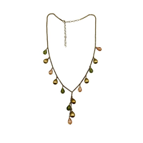Vintage Gold Over Sterling Silver Necklace with Green & Peach Teardrop Beads - Picture 1 of 6